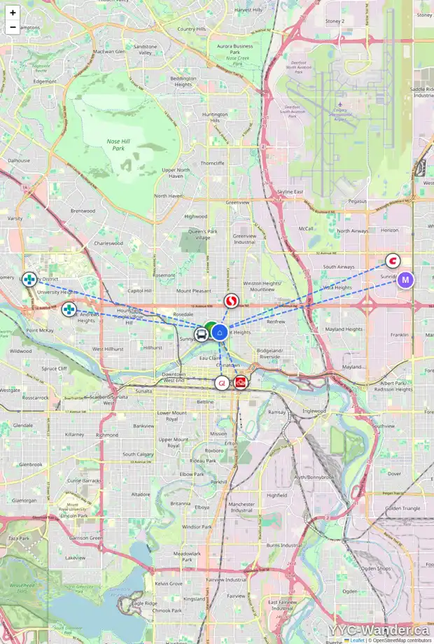 Daily accessibility map for 230 8 AV NW, Calgary showing nearby schools, grocery stores, parks, LRT stations and nearby amenities