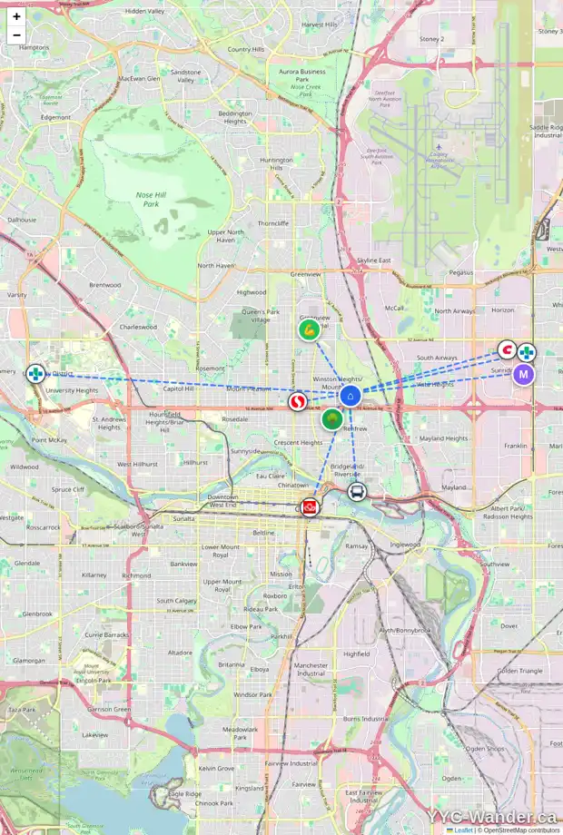 Daily accessibility map for 64 MONTROSE CR NE, Calgary showing nearby schools, grocery stores, parks, LRT stations and nearby amenities