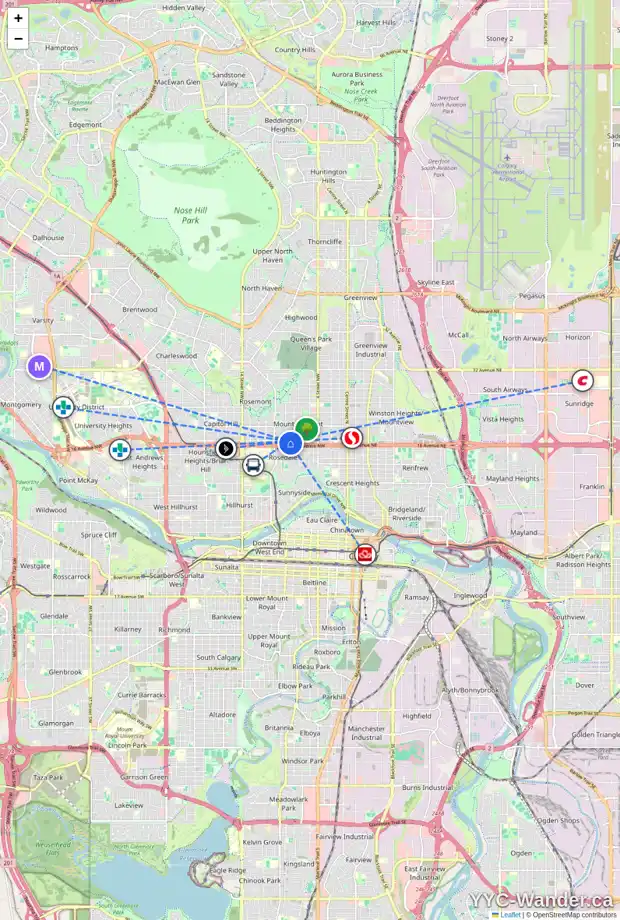 Daily accessibility map for 827 17 AV NW, Calgary showing nearby schools, grocery stores, parks, LRT stations and nearby amenities