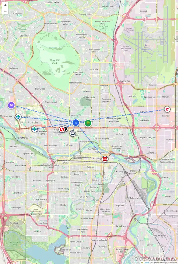 Daily accessibility map for 1224 20 AV NW, Calgary showing nearby schools, grocery stores, parks, LRT stations and nearby amenities