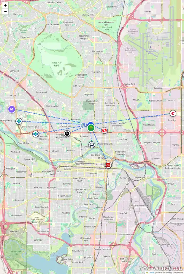 Daily accessibility map for 633 22 AV NW, Calgary showing nearby schools, grocery stores, parks, LRT stations and nearby amenities