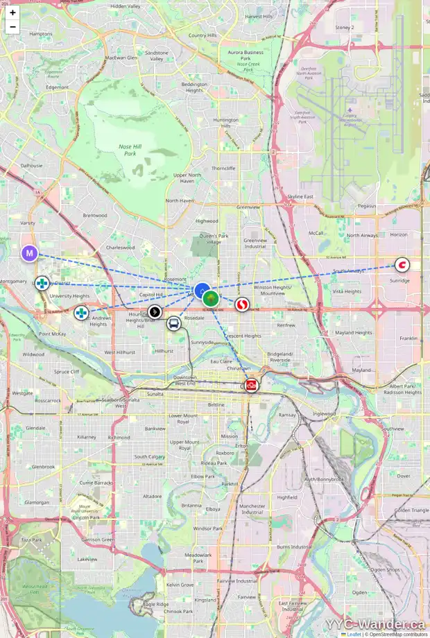 Daily accessibility map for 2311 7 ST NW, Calgary showing nearby schools, grocery stores, parks, LRT stations and nearby amenities