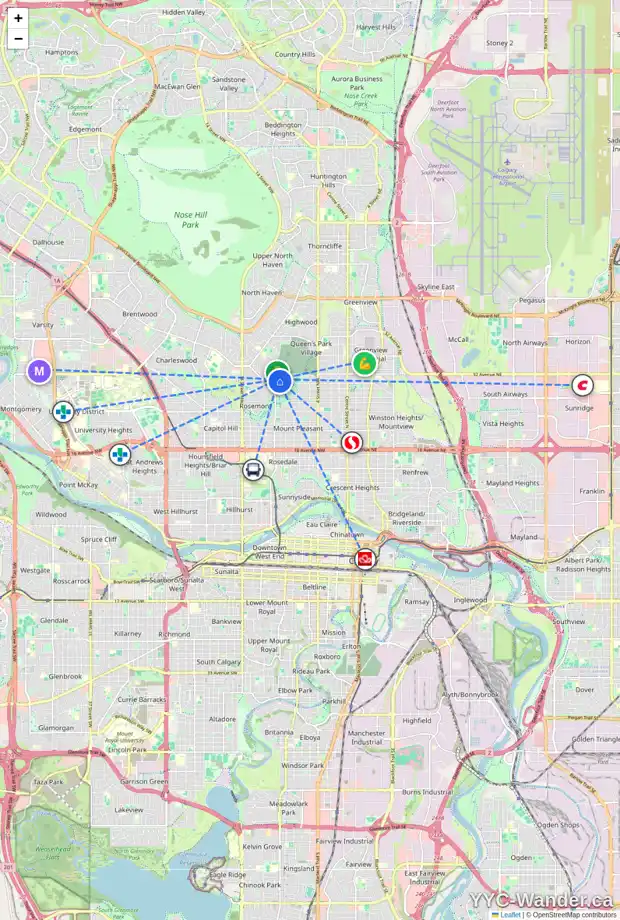 Daily accessibility map for 1009 31 AV NW, Calgary showing nearby schools, grocery stores, parks, LRT stations and nearby amenities