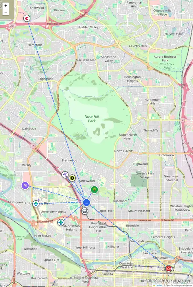 Daily accessibility map for 2329 25 AV NW, Calgary showing nearby schools, grocery stores, parks, LRT stations and nearby amenities