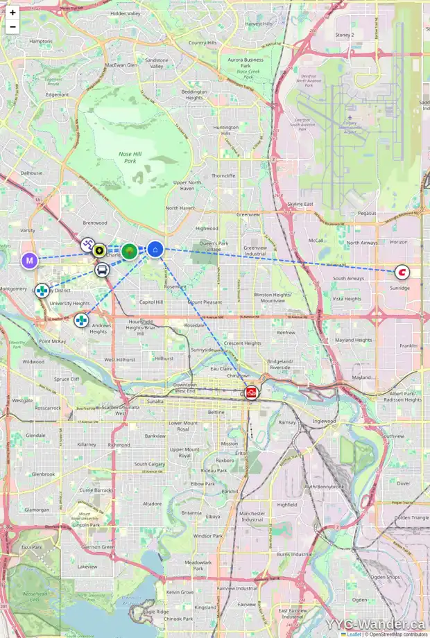 Daily accessibility map for 27 CLARENDON RD NW, Calgary showing nearby schools, grocery stores, parks, LRT stations and nearby amenities