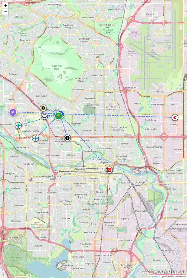 Daily accessibility map for 3323 CARIBOU DR NW, Calgary showing nearby schools, grocery stores, parks, LRT stations and nearby amenities