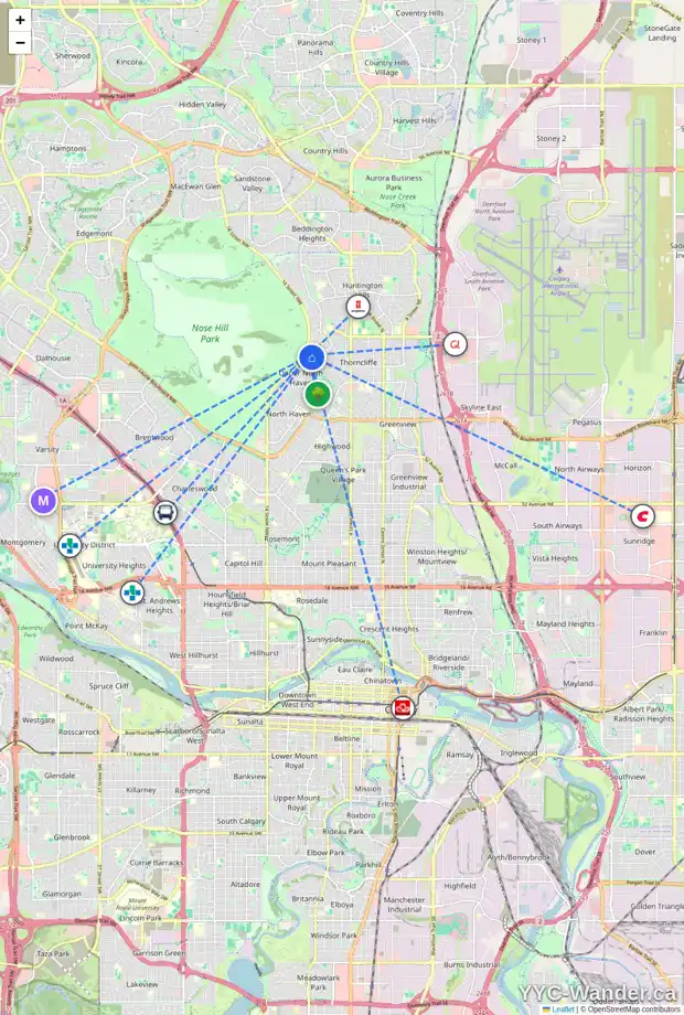 Daily accessibility map for 223 THEODORE PL NW, Calgary showing nearby schools, grocery stores, parks, LRT stations and nearby amenities