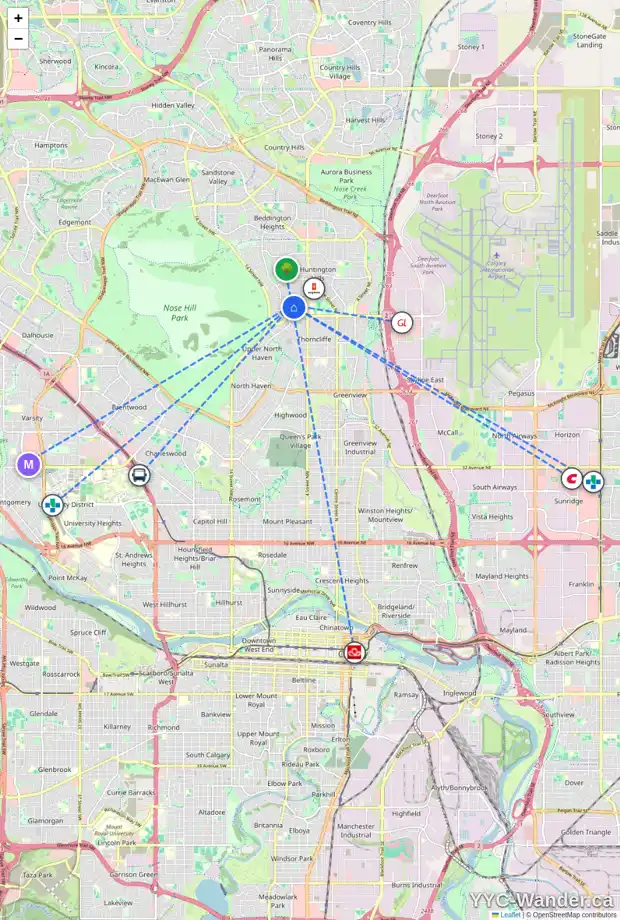 Daily accessibility map for 712 HUNTS CR NW, Calgary showing nearby schools, grocery stores, parks, LRT stations and nearby amenities
