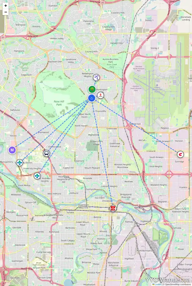 Daily accessibility map for 7115 HUNTERCREST RD NW, Calgary showing nearby schools, grocery stores, parks, LRT stations and nearby amenities