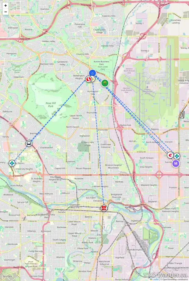 Daily accessibility map for 20 BEDDINGTON CR NE, Calgary showing nearby schools, grocery stores, parks, LRT stations and nearby amenities