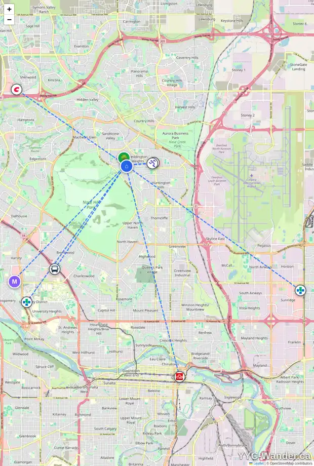 Daily accessibility map for 52 BERMONDSEY WY NW, Calgary showing nearby schools, grocery stores, parks, LRT stations and nearby amenities
