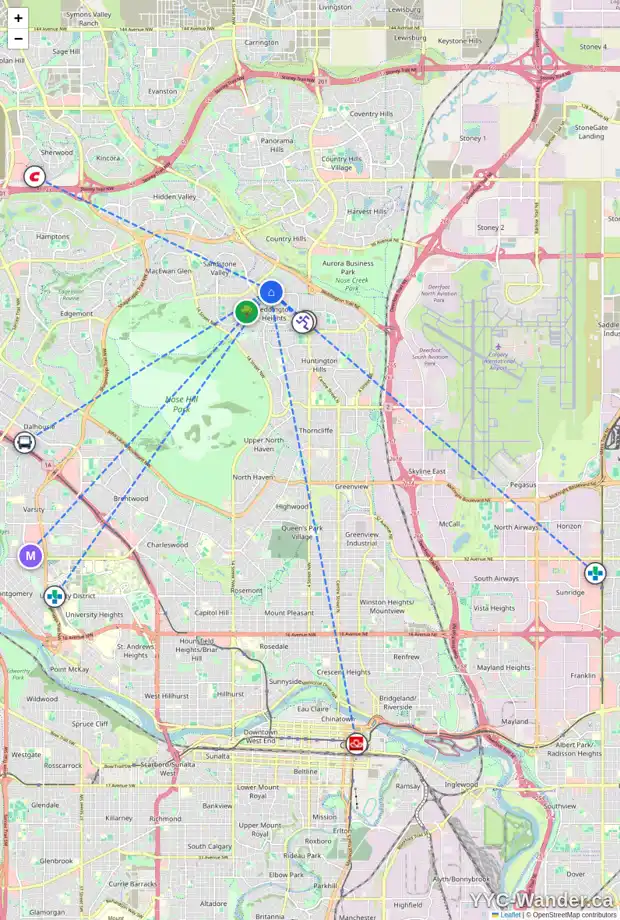 Daily accessibility map for 15 BERKSHIRE RD NW, Calgary showing nearby schools, grocery stores, parks, LRT stations and nearby amenities