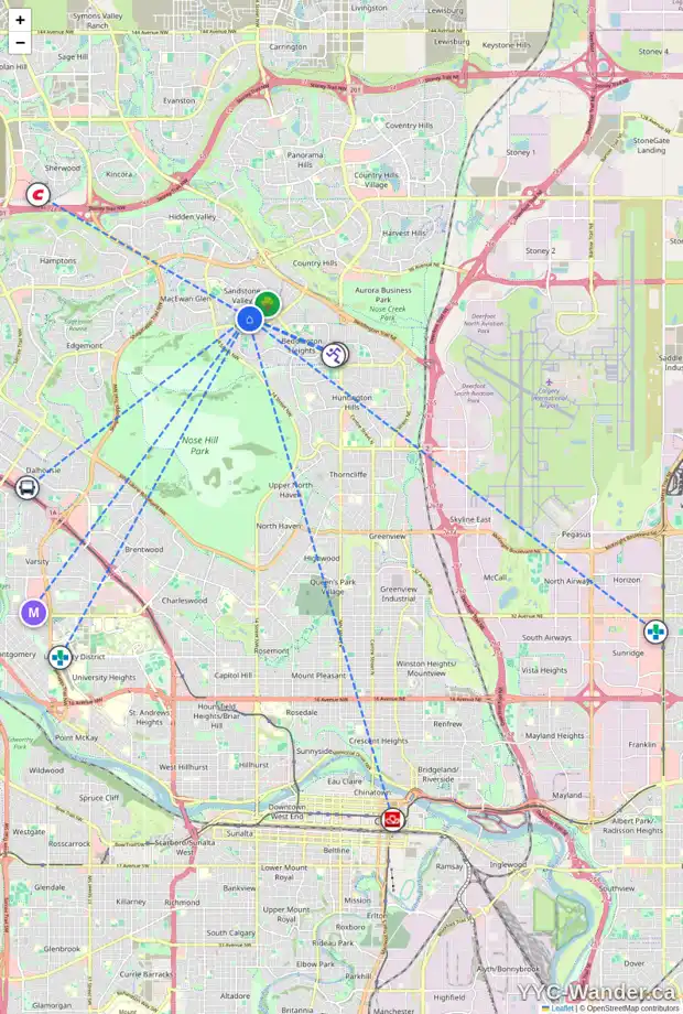 Daily accessibility map for 12 SANDARAC WY NW, Calgary showing nearby schools, grocery stores, parks, LRT stations and nearby amenities