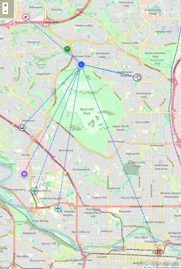 Daily accessibility map for 217 MACEWAN GLEN DR NW, Calgary showing nearby schools, grocery stores, parks, LRT stations and nearby amenities