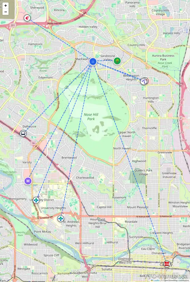 Daily accessibility map for 43 MACEWAN PARK LI NW, Calgary showing nearby schools, grocery stores, parks, LRT stations and nearby amenities