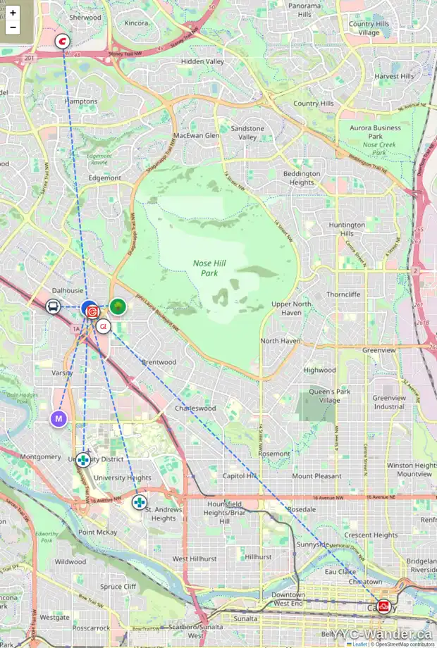 Daily accessibility map for 5703 DALTON DR NW, Calgary showing nearby schools, grocery stores, parks, LRT stations and nearby amenities