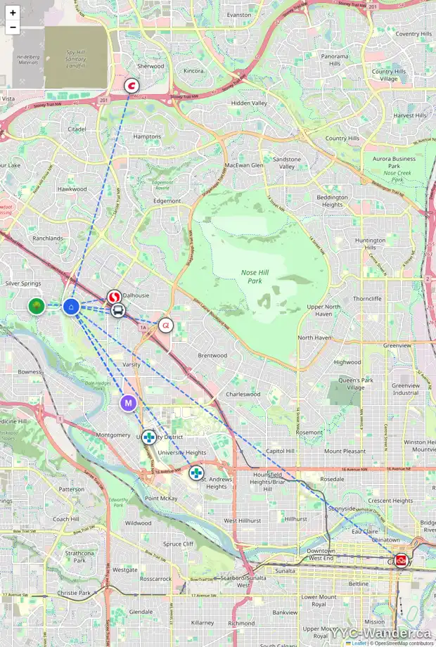 Daily accessibility map for 1448 VARSITY ESTATES DR NW, Calgary showing nearby schools, grocery stores, parks, LRT stations and nearby amenities