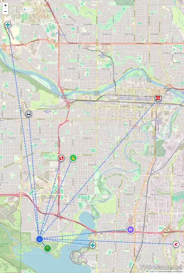 Daily accessibility map for 6948 LIVINGSTONE DR SW, Calgary showing nearby schools, grocery stores, parks, LRT stations and nearby amenities
