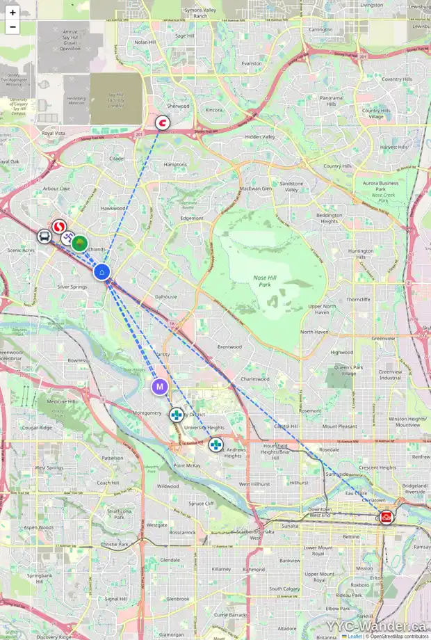 Daily accessibility map for 103 RANCHVIEW PL NW, Calgary showing nearby schools, grocery stores, parks, LRT stations and nearby amenities
