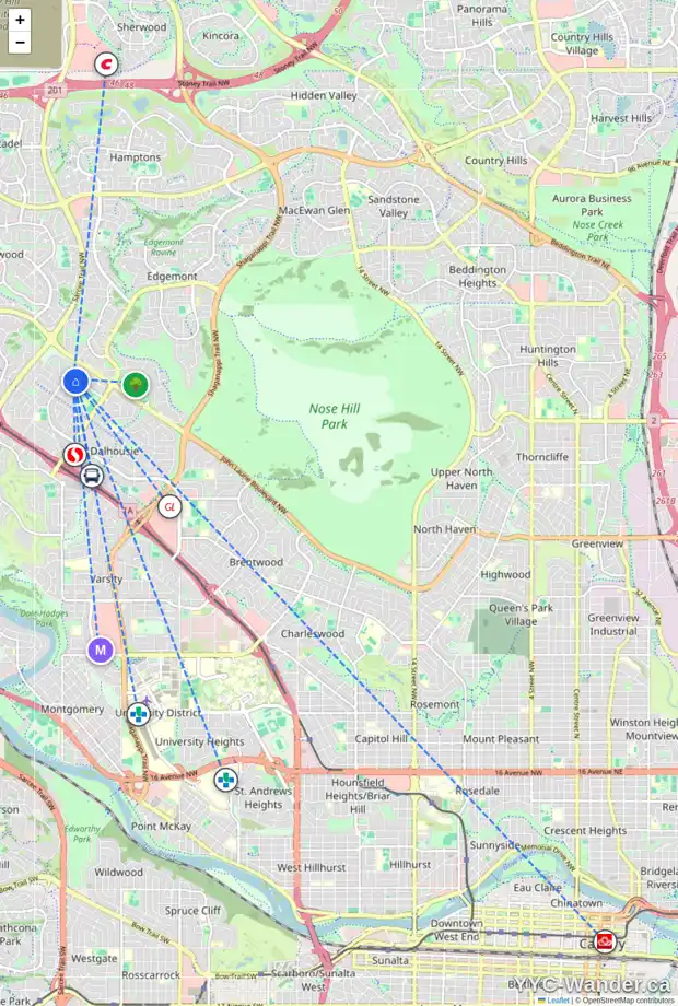 Daily accessibility map for 5840 DALHOUSIE DR NW, Calgary showing nearby schools, grocery stores, parks, LRT stations and nearby amenities