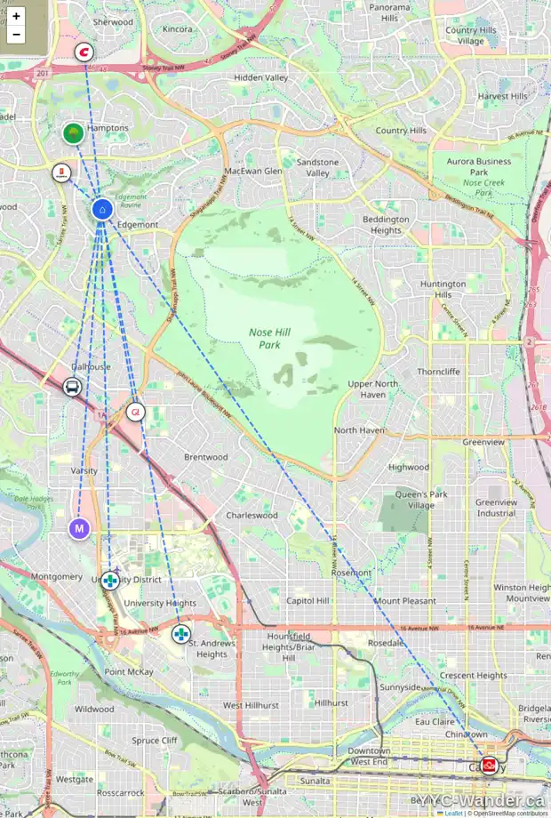 Daily accessibility map for 179 EDGEVIEW DR NW, Calgary showing nearby schools, grocery stores, parks, LRT stations and nearby amenities