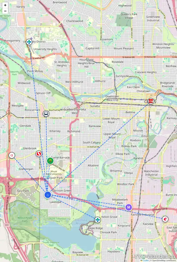 Daily accessibility map for 5908 LEWIS DR SW, Calgary showing nearby schools, grocery stores, parks, LRT stations and nearby amenities