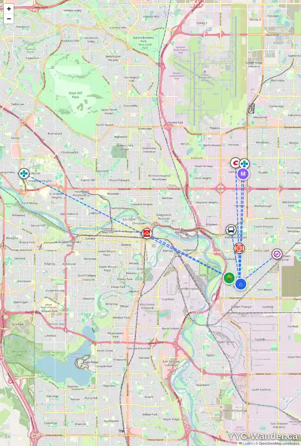 Daily accessibility map for 3426 35 AV SE, Calgary showing nearby schools, grocery stores, parks, LRT stations and nearby amenities