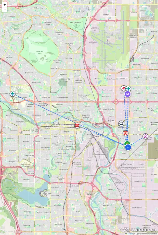 Daily accessibility map for 3410 30A AV SE, Calgary showing nearby schools, grocery stores, parks, LRT stations and nearby amenities