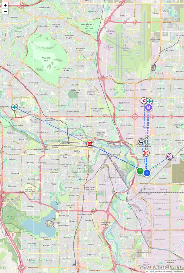 Daily accessibility map for 3224 33A AV SE, Calgary showing nearby schools, grocery stores, parks, LRT stations and nearby amenities