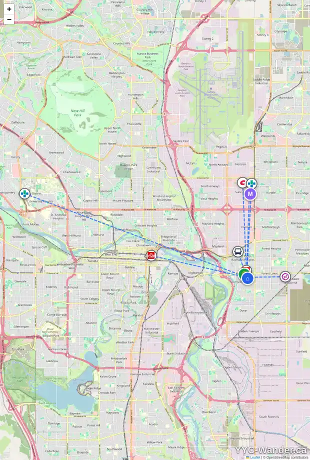 Daily accessibility map for 3225 19 AV SE, Calgary showing nearby schools, grocery stores, parks, LRT stations and nearby amenities