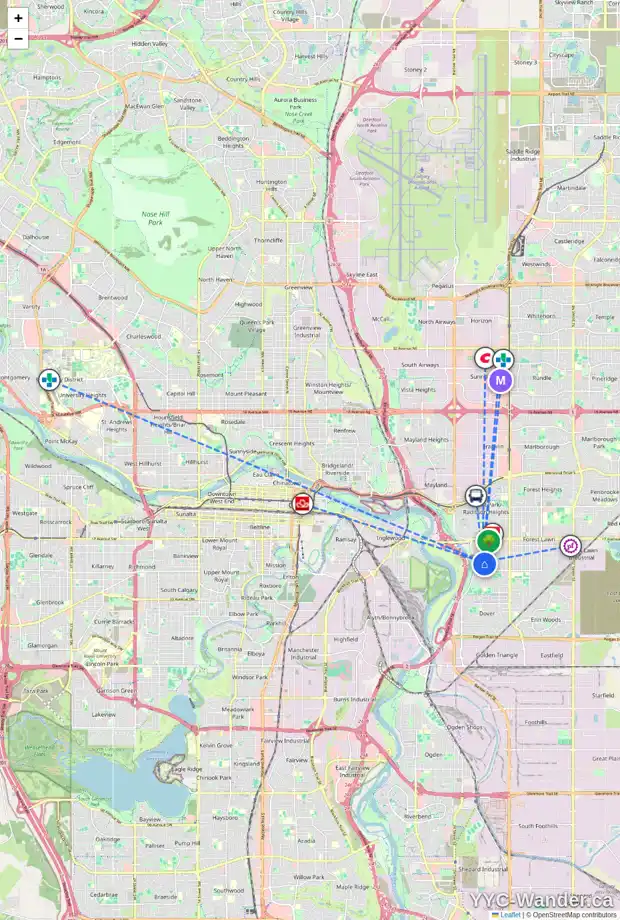 Daily accessibility map for 2053 33 ST SE, Calgary showing nearby schools, grocery stores, parks, LRT stations and nearby amenities