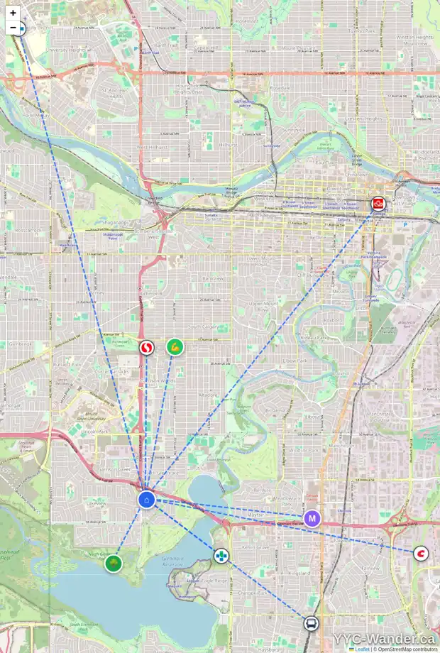 Daily accessibility map for 6407 LOMBARDY CR SW, Calgary showing nearby schools, grocery stores, parks, LRT stations and nearby amenities