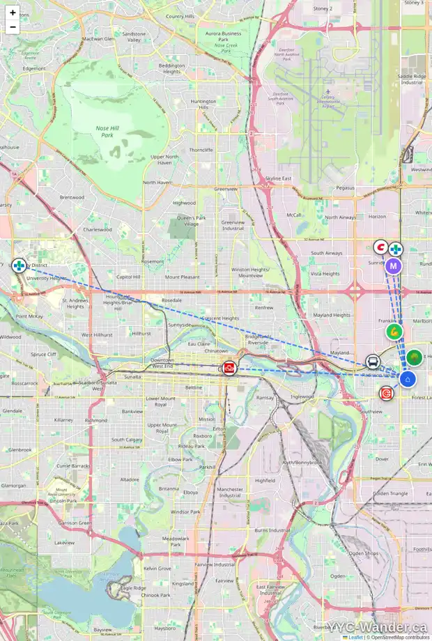 Daily accessibility map for 1117 38 ST SE, Calgary showing nearby schools, grocery stores, parks, LRT stations and nearby amenities