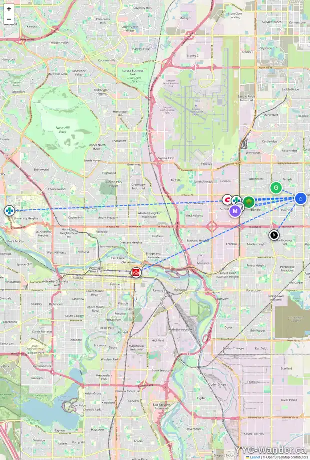 Daily accessibility map for 779 PINECLIFF RD NE, Calgary showing nearby schools, grocery stores, parks, LRT stations and nearby amenities