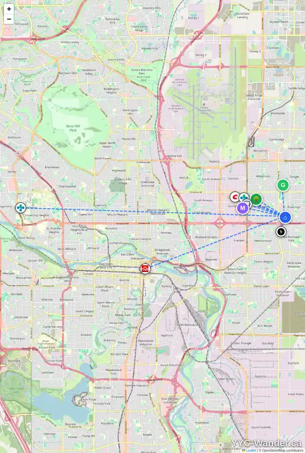 Daily accessibility map for 120 PINEMONT PL NE, Calgary showing nearby schools, grocery stores, parks, LRT stations and nearby amenities