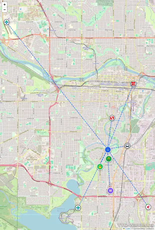 Daily accessibility map for 4230 5A ST SW, Calgary showing nearby schools, grocery stores, parks, LRT stations and nearby amenities