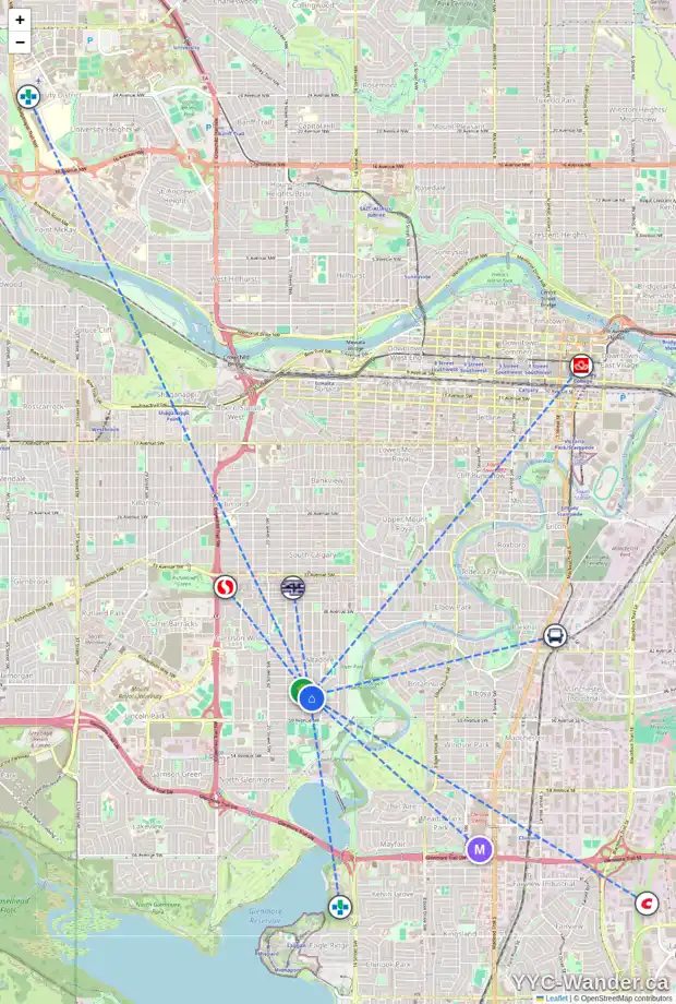 Daily accessibility map for 1731 47 AV SW, Calgary showing nearby schools, grocery stores, parks, LRT stations and nearby amenities