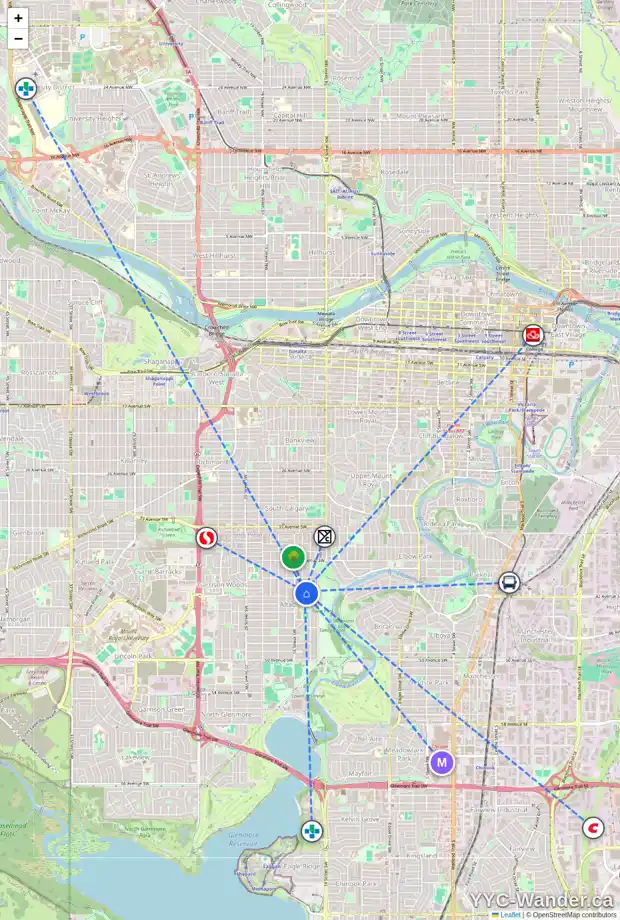 Daily accessibility map for 4216 15A ST SW, Calgary showing nearby schools, grocery stores, parks, LRT stations and nearby amenities