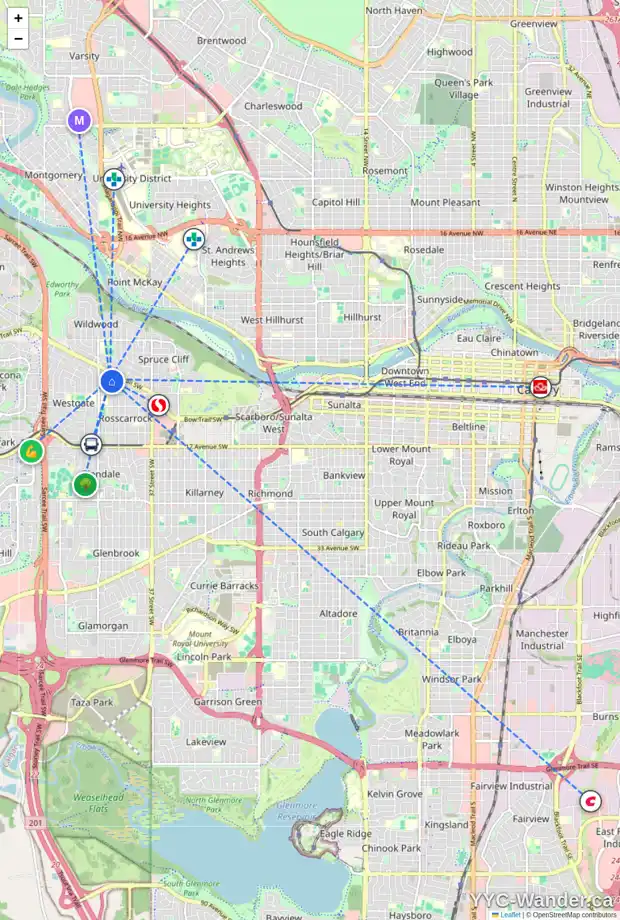Daily accessibility map for 22 ROSSMERE RD SW, Calgary showing nearby schools, grocery stores, parks, LRT stations and nearby amenities