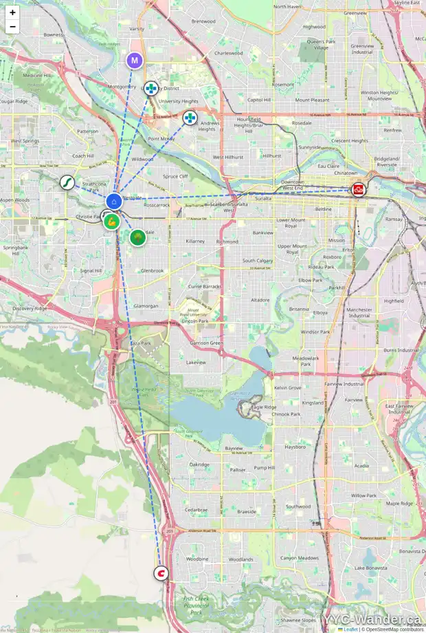 Daily accessibility map for 96 STRATHEARN RI SW, Calgary showing nearby schools, grocery stores, parks, LRT stations and nearby amenities