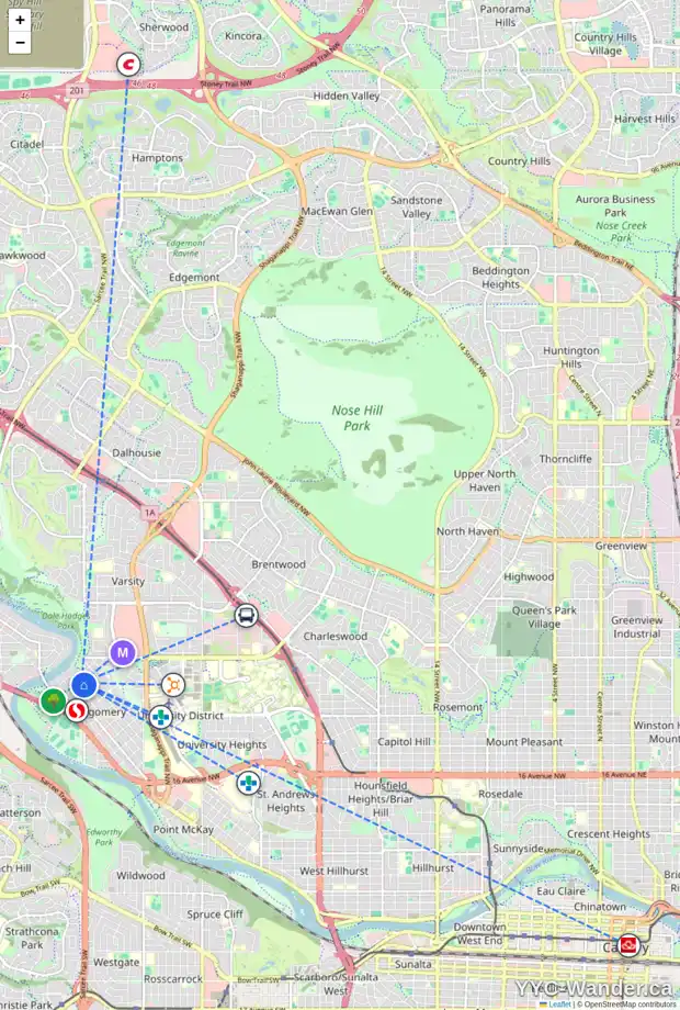 Daily accessibility map for 5211 20 AV NW, Calgary showing nearby schools, grocery stores, parks, LRT stations and nearby amenities