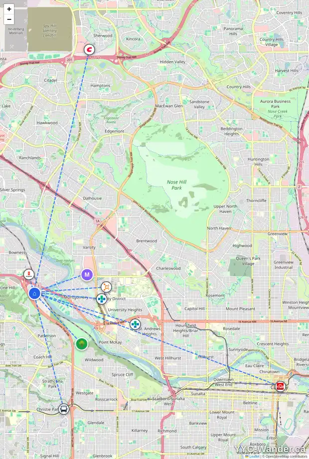 Daily accessibility map for 36 BOWDALE CR NW, Calgary showing nearby schools, grocery stores, parks, LRT stations and nearby amenities
