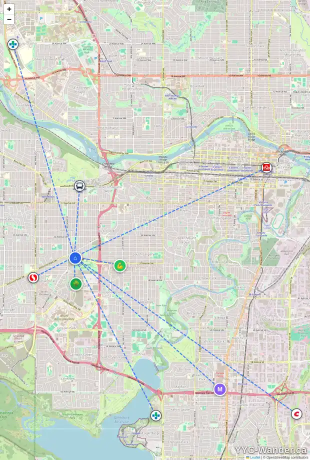 Daily accessibility map for 3235 27 ST SW, Calgary showing nearby schools, grocery stores, parks, LRT stations and nearby amenities