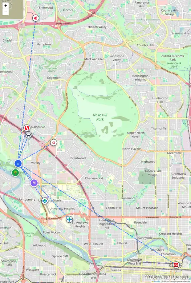 Daily accessibility map for 331 VARSITY CL NW, Calgary showing nearby schools, grocery stores, parks, LRT stations and nearby amenities