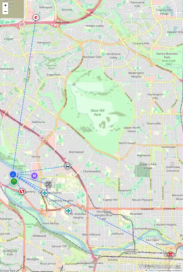 Daily accessibility map for 6047 BOWWATER CR NW, Calgary showing nearby schools, grocery stores, parks, LRT stations and nearby amenities