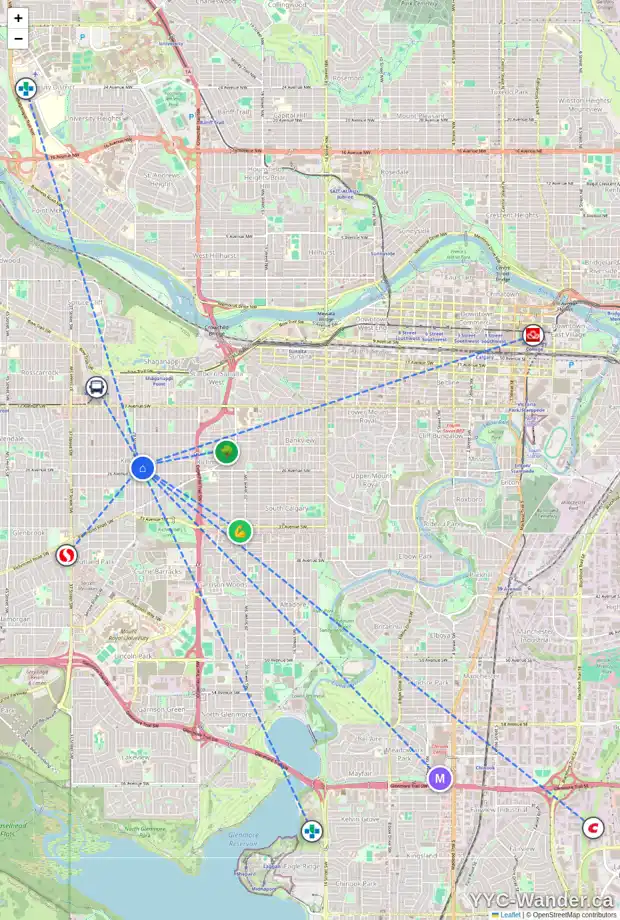 Daily accessibility map for 2615 28 ST SW, Calgary showing nearby schools, grocery stores, parks, LRT stations and nearby amenities