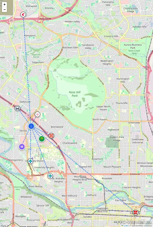 Daily accessibility map for 4603 41 ST NW, Calgary showing nearby schools, grocery stores, parks, LRT stations and nearby amenities