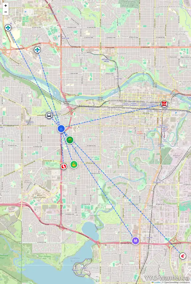 Daily accessibility map for 1921 24 ST SW, Calgary showing nearby schools, grocery stores, parks, LRT stations and nearby amenities