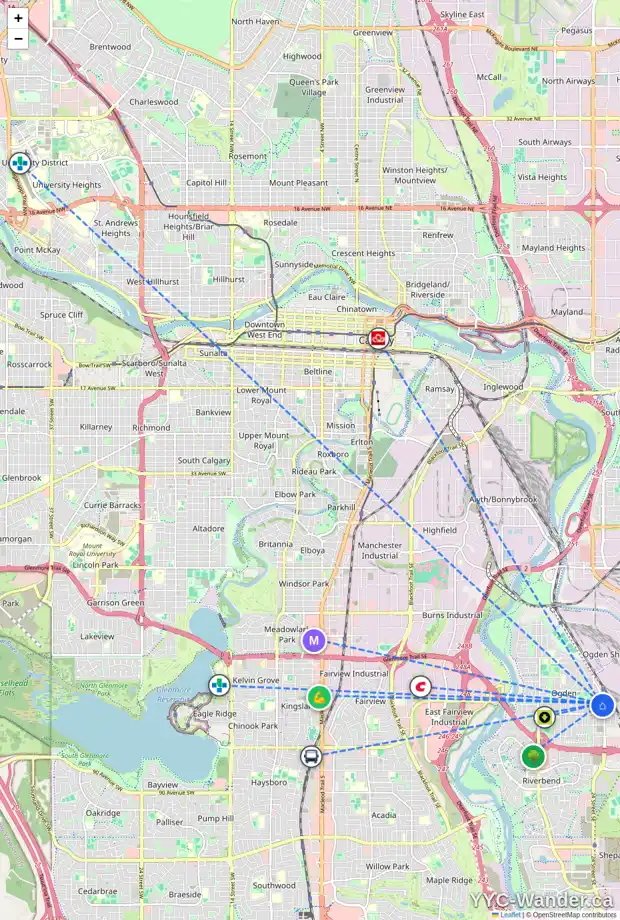 Daily accessibility map for 7404 25 ST SE, Calgary showing nearby schools, grocery stores, parks, LRT stations and nearby amenities