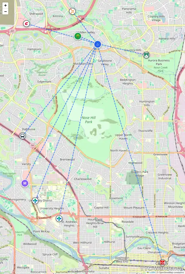 Daily accessibility map for 10139 HIDDEN VALLEY DR NW, Calgary showing nearby schools, grocery stores, parks, LRT stations and nearby amenities